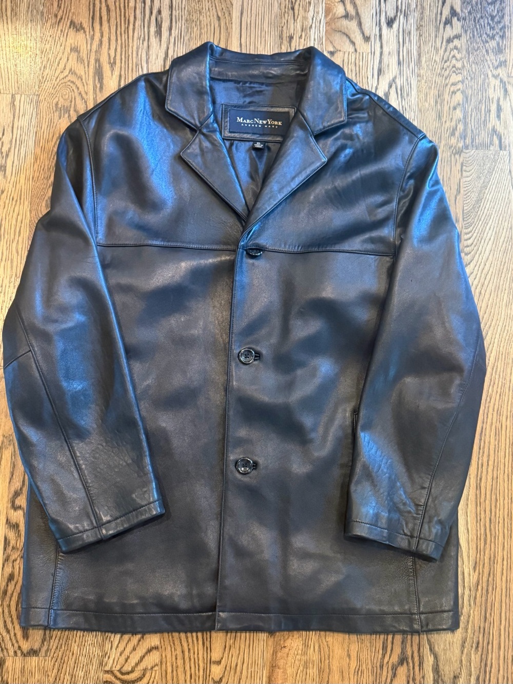 Andrew Marc Black Leather Pea Coat